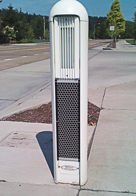 RIGHT: Passive detection devices are a trend in pedestrian crossings designed to address the increased lack of attention that pedes-trians pay to nearby traffic. (Photo courtesy of Electrotechnics Corp.)